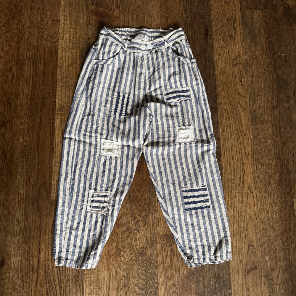Paper Lace Striped Linen Patchwork Pants